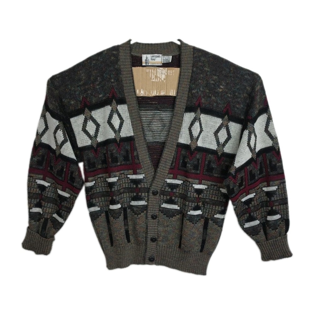 Vintage London Fog Cardigan Sweater Men's L Brown Tones Geometric Button-Up